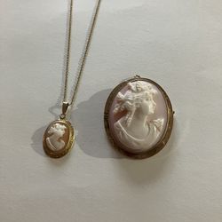 Antique 10K Solid Gold Cameo Brooch & Pendant Necklace