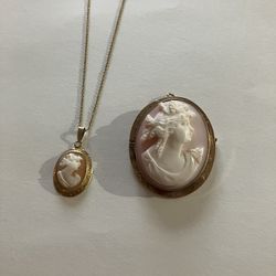Antique 10K Solid Gold Cameo Brooch & Pendant Necklace