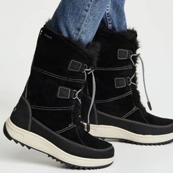 SPERRY Black Suede Faux Fur Powder Valley Vibram Sole Mid Calf Waterproof Boots