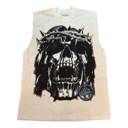Lost In The Hills Graphic Skull Muscle Tee with Spike Crown - White XL