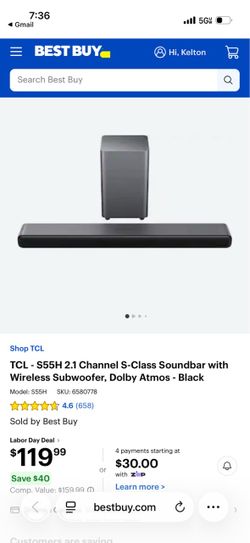 TCL S55H 2.1 Channel S-Class Soundbar with Wireless Subwoofer