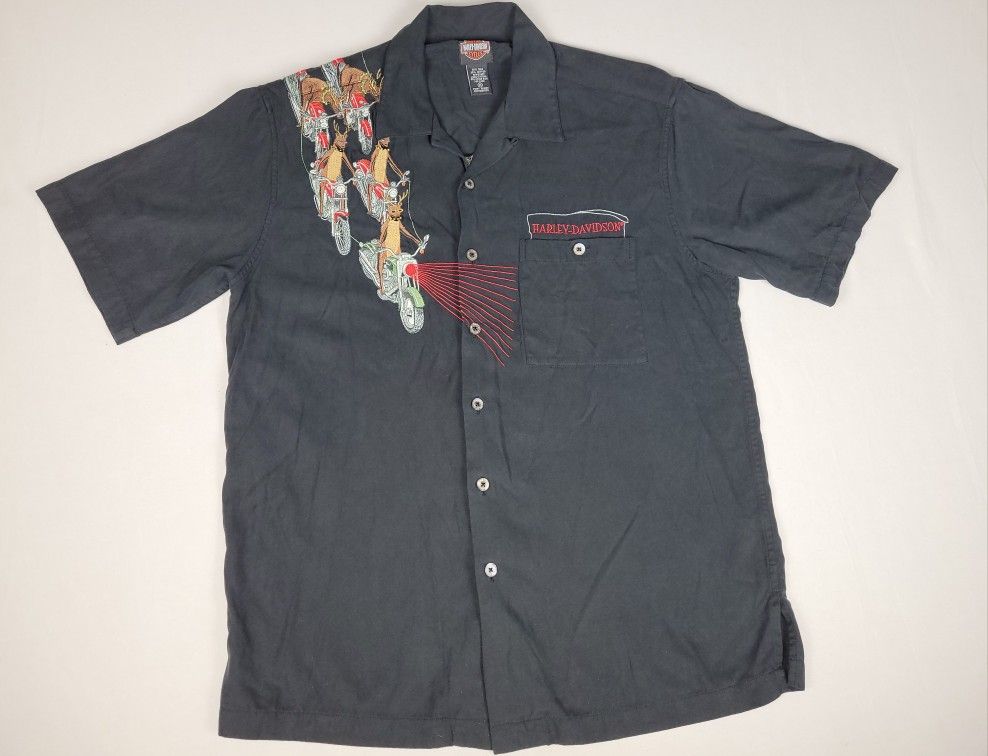 Harley Davidson Christmas Button Embroidered Silk Shirt Santa Reindeers Men's M