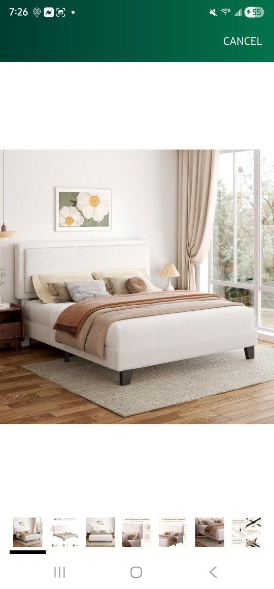 viplov King Size Bed Frame, Upholstered Platform Bed with Adjustable Headboard, Soft Boucle Fabric, Modern Style, No Box Spring Required, Easy Assembl