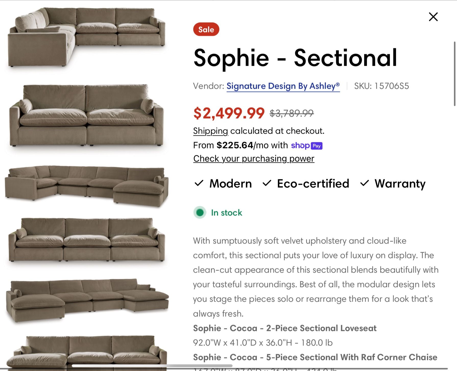 Sectional Couch 5 Pieces Sophie - Sectional Vendor: Signature Design By Ashley® SKU: 15706S5 + Ottoman