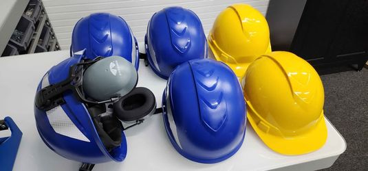 6 Like-New Hard Hats – Construction Safety Bundle (One with Ear Protection)