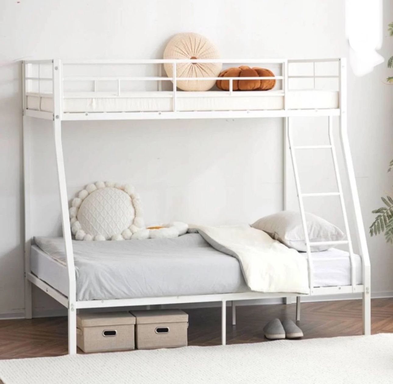 Twin Over Full Metal Bunk Bed with Stairs & Full-Length Guardrail, White, New in Box