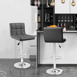 New Set of 2 Faux Leather Bar Stools, Adjustable Height Hydraulic Swivel Armless Barstools, Extra Tall Square Kitchen Bar Stool with Backrest New in