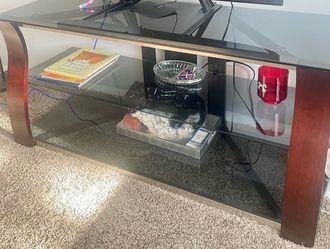 Glass and Wood TV Stand with Shelves