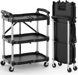 Folding Service Cart Tool Carts with Wheels, 3 Tier Utility Rolling Cart, Holds 220lbs, NIB