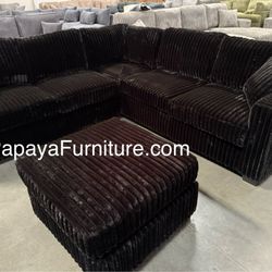 New! Black Corduroy Sectional Couch, Sectional And Ottoman, Plush Sectional, Think Corduroy Sectional And Ottoman, Sofa, Couch, Ottoman, Black Sofa. 