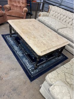 Large Faux Travertine Stone Top Coffee Table with Wrought Iron Base