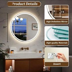 20x20 LED round bathroom mirror with lights, backlight + front light, anti-fog, dimmable