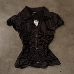 Urban Outfitters Black Ruched Button-Up Blouse