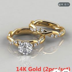 14K Gold Twist Round Cut White Sapphire Ring Set Size 7 or 8