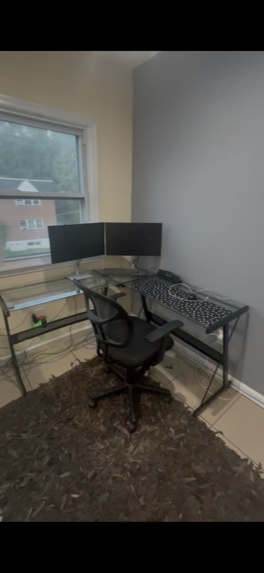 For Sale – L-Shaped Glass Desk + Ergonomic Chair + Dual Monitor Setup