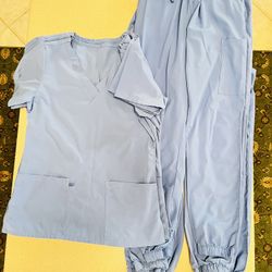 Set Of 5 Women's Solid Stretch Medical Uniform Scrub Set V Neck Top Cargo Tapered Jogger Pants Ceil Blue S
