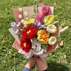 Crochet red and orange peonies bouquet