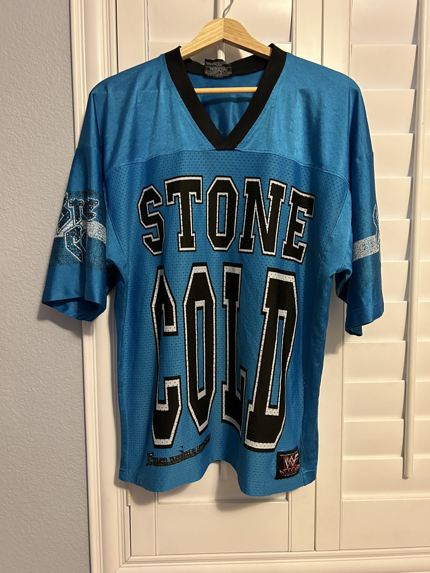 VTG 1999 WWE STONE COLD STEVE AUSTIN RATTLESNAKE WRESTLE-MANIA BLUE JERSEY SZ L