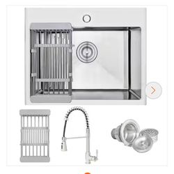 Handmade All-in-One Drop-in Stainless Steel 25 in. x 22 in. 1-Hole Single Bowl Kitchen Sink with Spring Neck Faucet