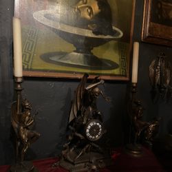 Antique 19th Century Devil Satanic Occult Clock With Matching Candle Holders Gothic 