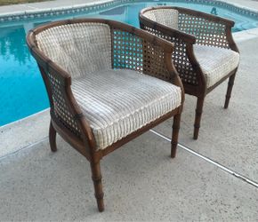 Pair of Vintage Barrel Back F aux Bamboo & C ane Chairs