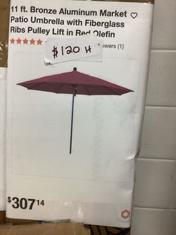 11 ft Bronze Aluminum Market Patio Umbrella - Fiberglass Ribs, Pulley Lift, Red Olefin