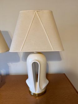 Set Of Two Large 1980’s Cream And Gold Art Deco Revival Lamps