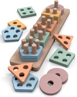 Montessori Toys for 1 Year Olds - Wooden Shape Sorter and Stacking Puzzle - Toddler Learning, Fine Motor Skills and Developmental Toy for Boys and Gir