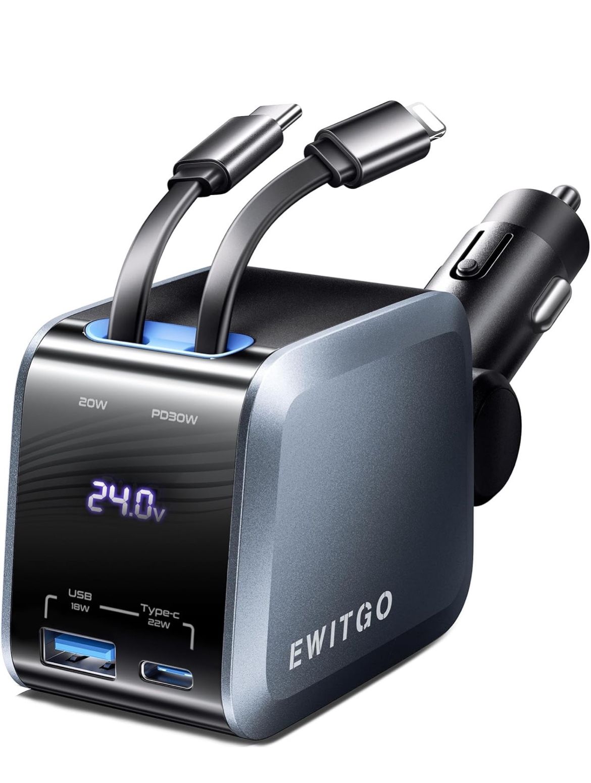 Retractable Car Charger, Car Accessories, 72W Fast Charging USB C Car Charger with 4FT Retractable Cables and 2 Ports, for iPhone 16 15 14 13 12, Sams