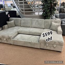 Corduroy Double Chaise Sectional Sleeper Sofa With Pull Out Bed 