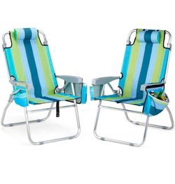 Set of 2 Reclining Beach Chairs with Cooler Bag and Storage