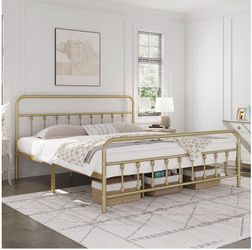 Classic Metal Platform Bed Frame Mattress Foundation with Victorian Style Iron-Art Headboard/Footboard/Under Bed Storage/No Box Spring Needed/King Siz