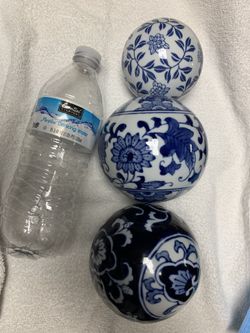Oriental Furniture 6" Decorative Porcelain Ball, Blue Leaves, Decorative item, center piece