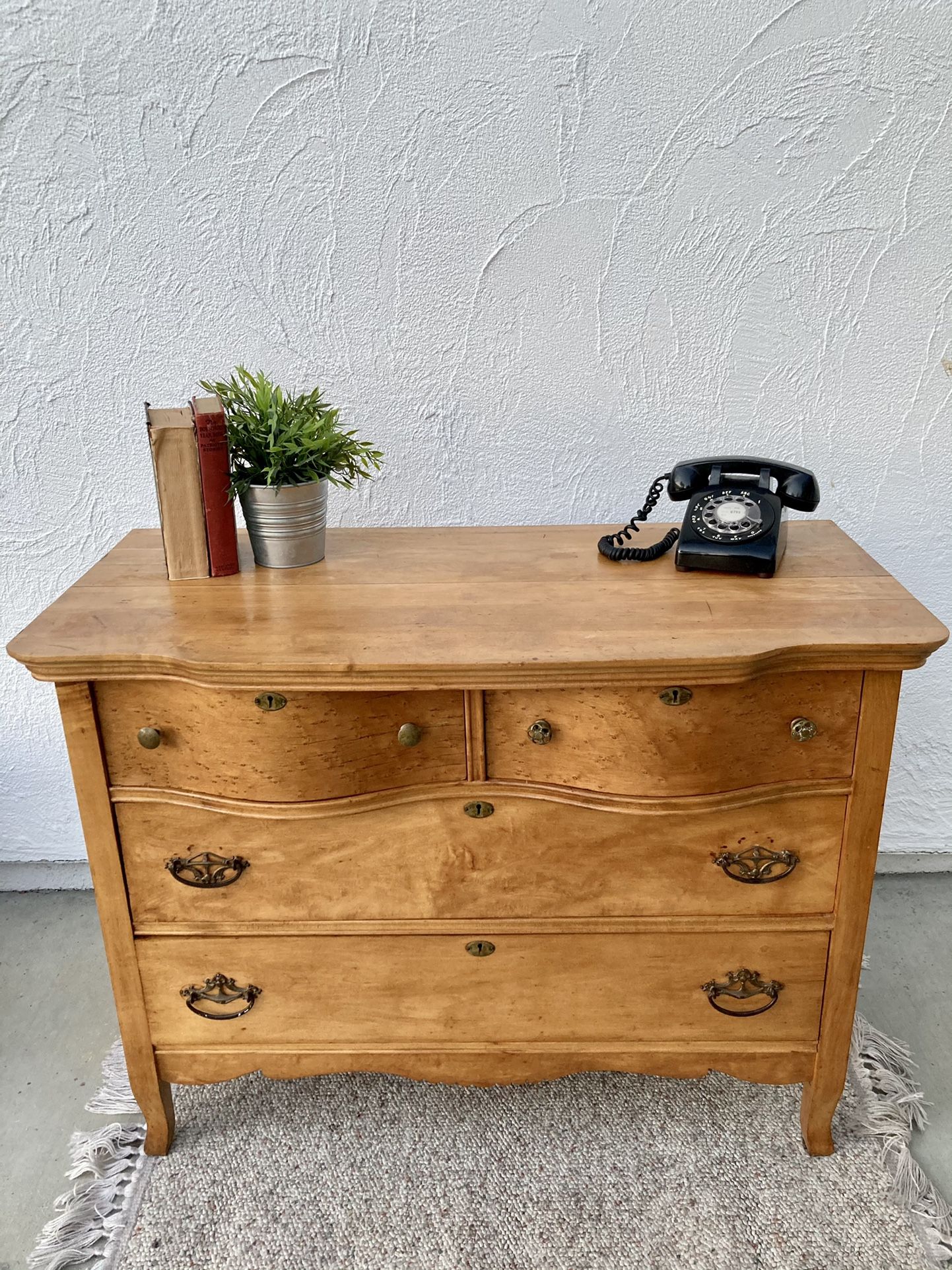 Antique Serpentine Front Dresser / Buffet / Foyer Table / Vanity with Bird’s Eye Maple Accent