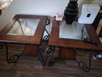 Set of 2 Dark Wood Side Tables with Inlaid Glass and Wrought Iron Bases