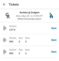 Rockies Dodgers Memorial Day 5/25 @ 6pm