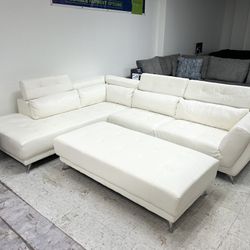 White Leather L Shaped Sectional With Ottoman - We Deliver & Finance 