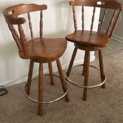 Thrifted Vintage Swivel Wood Counter Chairs Set Of 2
