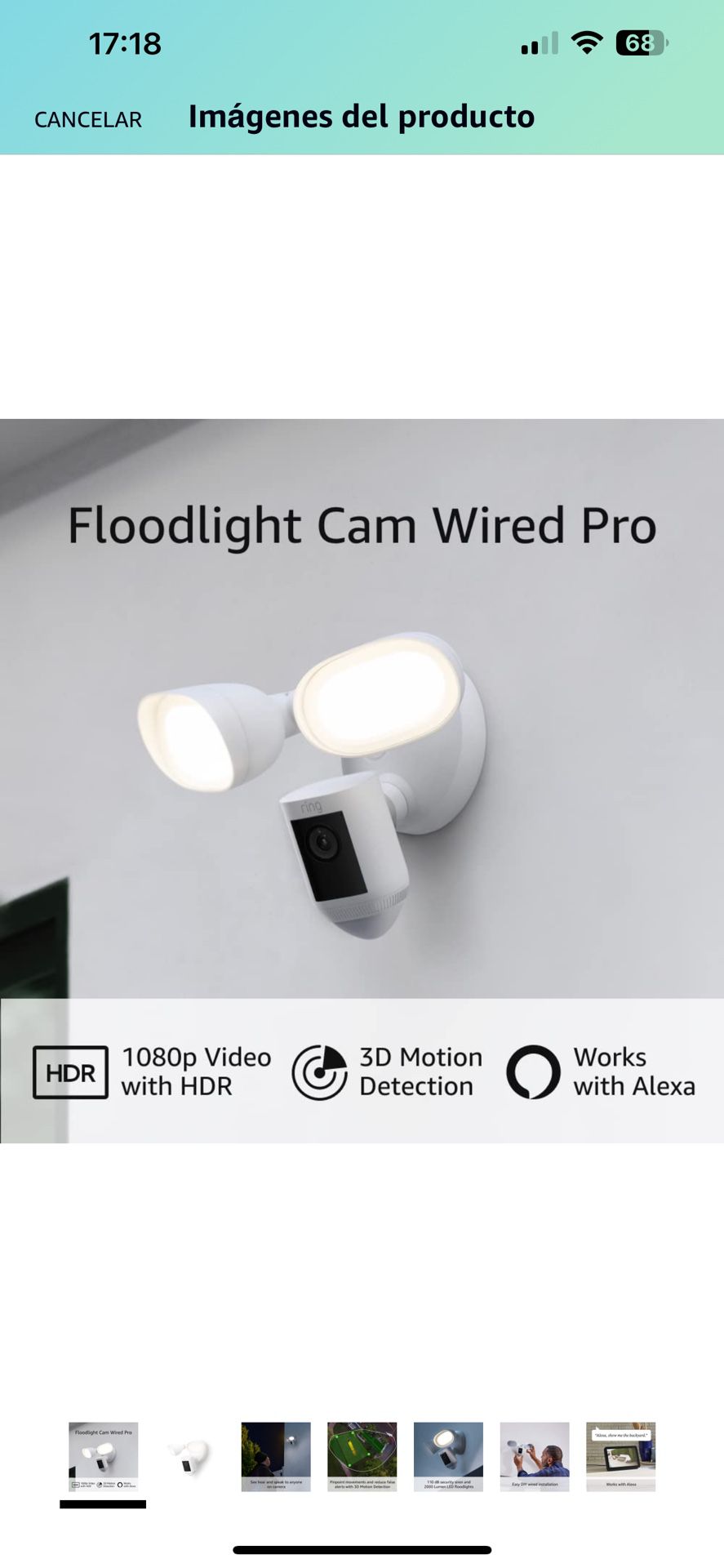 Cámara De Seguridad… Ring Floodlight Cam Wired Pro con vista de pájaro y detección de movimiento 3D, Blanco