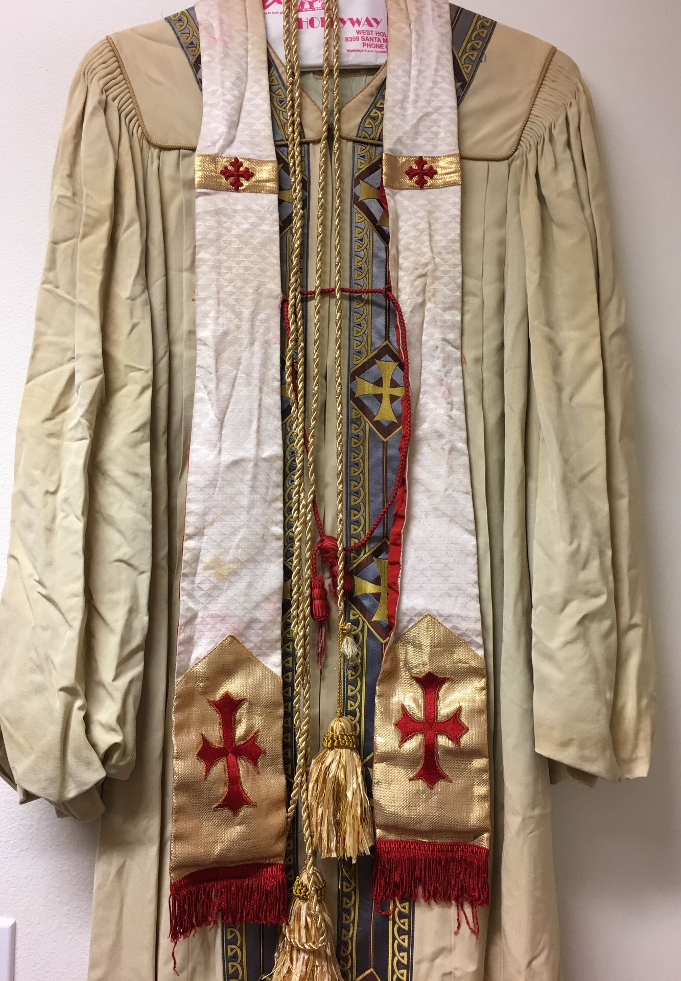 Priest Pope preacher minister religious robe costume Halloween gold red cream sash cross Jesus catholic church pastor