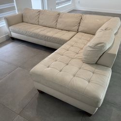 Real Leather Sectional Sofa w/ Chaise – Modern Beige