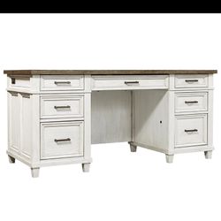 Farmhouse Executive Desk with Drop Front Keyboard Drawer and 2 AC Outlets