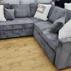 Sectional Sofa With Pull-out Bed & Storage Dark Gray Corduroy 