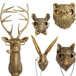 5 Pcs Animal Heads Wall Decor, Gold Faux Deer Head Mount, Animal Sculptures Wall Decor, Vintage Resin Hanging Decoration for Living Room Bedroom Kit