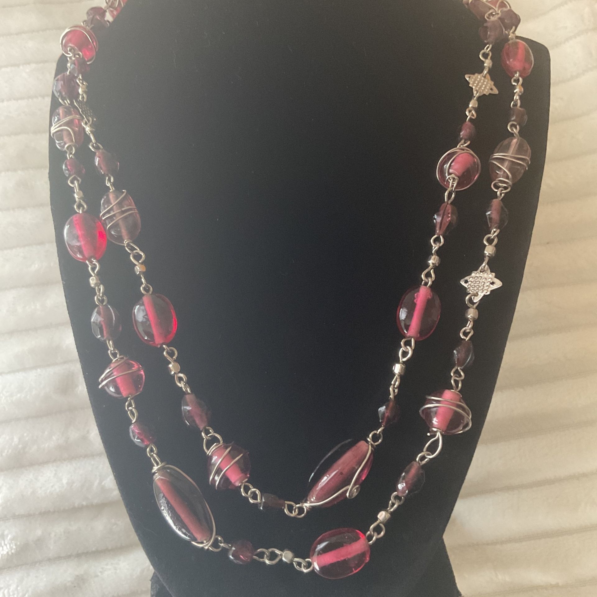 48”vintage Purple/amethyst Glass Stone Necklace …stones Are Wrapped In Silver