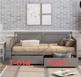 （T-014）Twin Daybed with Drawers, Wood Daybed Twin Size, Sofa Bed with 2 Storage Drawers for Bedroom, Living Room, Gray