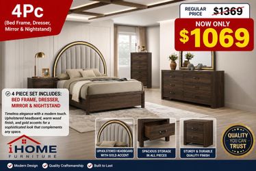 QN SZ BEDROOM SET  aaBED FRAME W ARCH HB W LED 4PC ( DRESER, MIRROR, NIGHT STAND