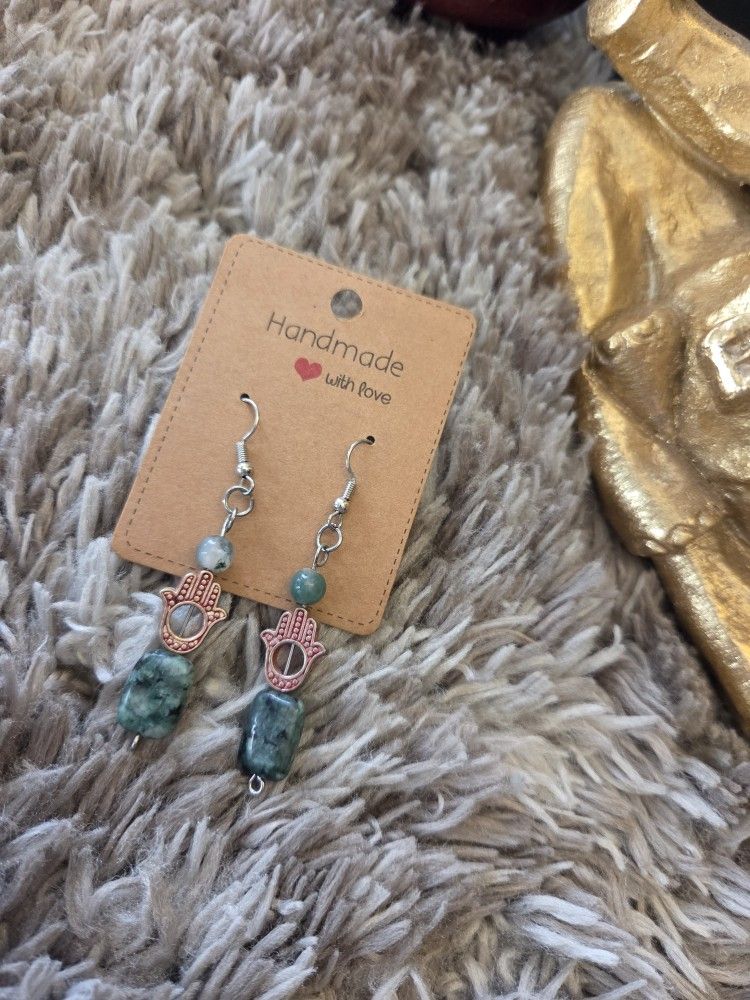 Handmade Green Jasper And Red Hamsa Earrings