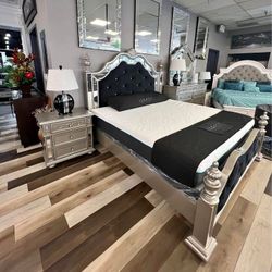☃️New🌷 $20 Down Payment Finance🦋Heidi Tufted Upholstered Metallic Platinum 4 Piece KING Bedroom Set