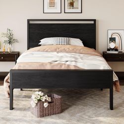 14 Inch Twin Size Metal Platform Bed Frame with Wooden Headboard and Footboard, Mattress Foundation, No Box Spring Needed, Large Under Bed Storage, He